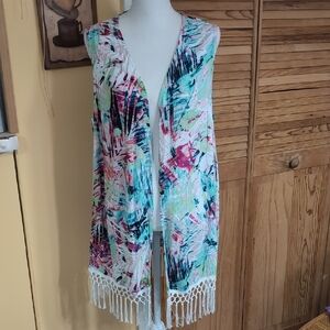 Christopher & Banks Multicolor Open Front Sleeveless Fringe Duster Cardigan XL